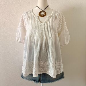 Ivory Boho Peasant Embroidered Short Sleeve Blouse Romantic Cottage Core Size M